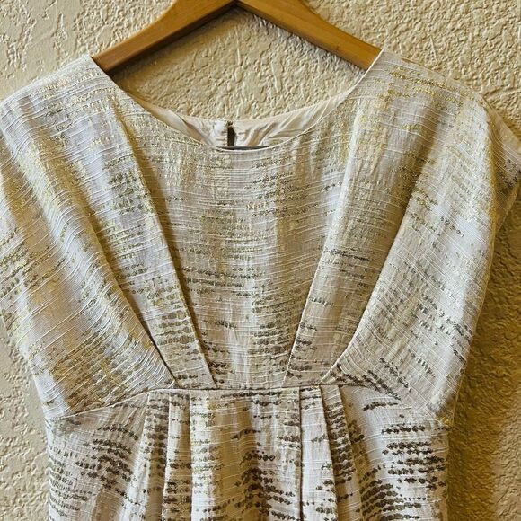 Shoshana A-line Cocktail Dress Sz 4 Cream Metallic Gold Threads Lined Cap Sleeve - Picture 5 of 11